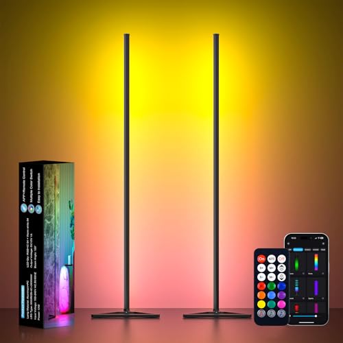 MIHEAL 2PCS Black Corner Floor Lamp, Synced Lights LED Control Floor Lamp RGB Light 56" Smart LED Corner Lamp App and Remote for Living Room Gaming Bedroom and Etc - color: Black, size: 2pcs