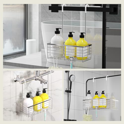 DELLAN Hanging Shower Organizer, Shower Rack with Hooks Over the Door | Bathroom Shower Caddy and Basket - color: Silver, size: 11"D x 4.7"W x 3.9"H