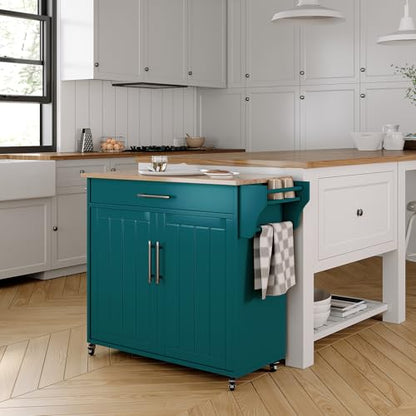 Kitchen Storage Island, Wooden Rolling Island On Wheels with Wood Top, Mobile Kitchen Island Cart with Towel Rack, Spice Rack and Drawers, Green - color: Green