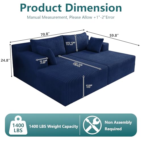 70.8" Oversized Double Chaise Lounge Indoor, Upholstered Deep Seat Cloud Couch Corduroy Lounge Chair, Modern Sofa Bed Loveseat Sleeper Chair for Living Room Bedroom Apartment, Blue - color: Blue, size: 70.8"