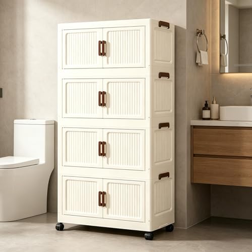 125QT Modular Stackable Storage Cabinet, Rolling Lidded Storage Containers with Wheels, Collapsible Drawer Storage Bins for Clothes, Toys, Bedroom, Dorm Room Organization, Cream White（4 Pack） - size: 4 Pack 20 L x 10 W x 38 H