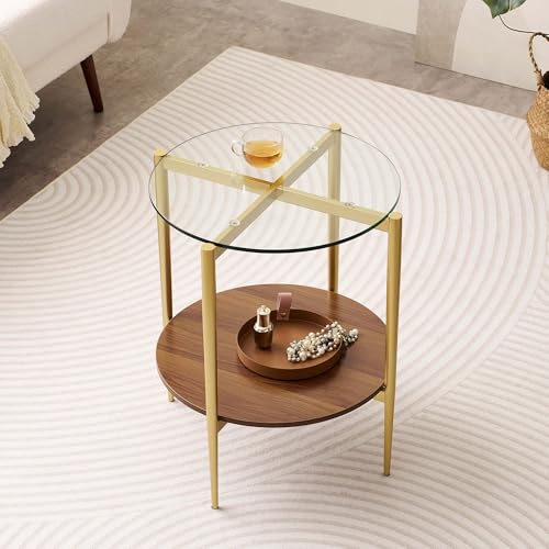 LumFurn D18in Round Glass End Table, Mid-Century Modern Design Side Table for Living Room, D18xH23inch, Clear Glass and Walnut MDF Wood, Conical Legs with Gold Finish Frame - color: D18" Clear & Walnut
