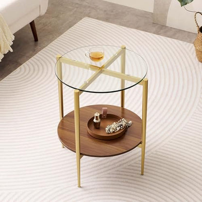 LumFurn D18in Round Glass End Table, Mid-Century Modern Design Side Table for Living Room, D18xH23inch, Clear Glass and Walnut MDF Wood, Conical Legs with Gold Finish Frame - color: D18" Clear & Walnut