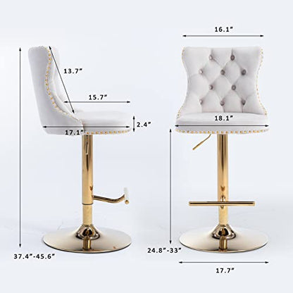 Velvet Bar Stool Set of 2, Adjustable Swivel Bar Stools with Gold Plated Metal Leg, Button Tufted, Footrest, Chrome Nailhead, Counter Height Chair for Kitchen, Bar, Dining Room (Beige) - color: Beige-gold Leg, size: Set of 2