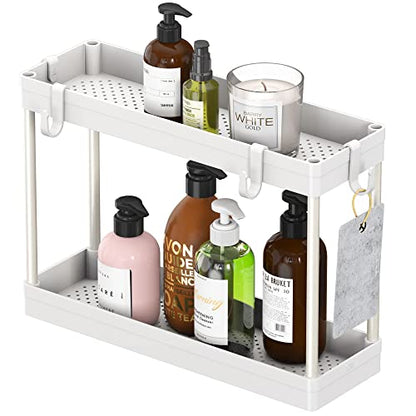 Simple Houseware 2-Tier Under Sink Organizer Storage Tray with Hooks, White - color: White