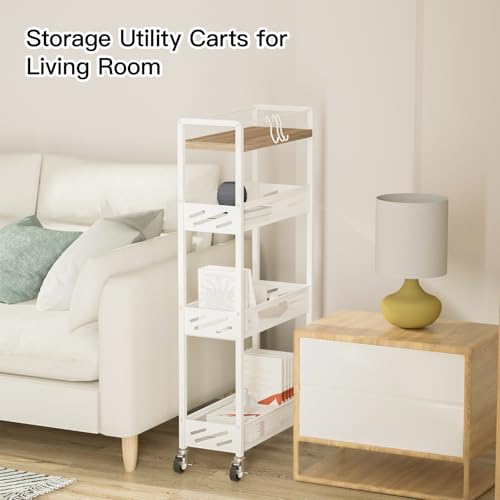 DGSNADGO Slim Rolling Storage Cart, 4-Tier Narrow Kitchen Cart with Wheels | Metal Mobile Snack Shelving, Skinny Rolling Spice Rack for Small Space in Kitchen, Living Room, Bathroom, Beige and White - color: Beige+white
