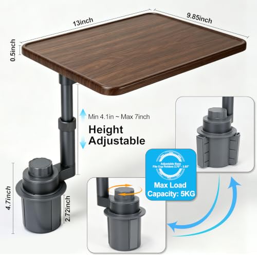 Car Desk for Laptop, 360° Swivel, Height Adjustable Wood-Grain Tray | Tool-free install, fits 2.8"-3.9" cup holders. Scratch-resistant wood-grain finish. For laptop work, dining, or passenger use