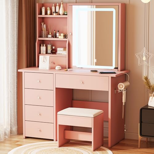 Vanity Desk with Mirror and LED Lights, Makeup Vanity Set with Power Outlet, and Stool,Jewelry Storage,Pink Vanity Desk for Bedroom - style: Pink