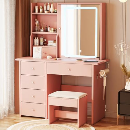 Vanity Desk with Mirror and LED Lights, Makeup Vanity Set with Power Outlet, and Stool,Jewelry Storage,Pink Vanity Desk for Bedroom - style: Pink