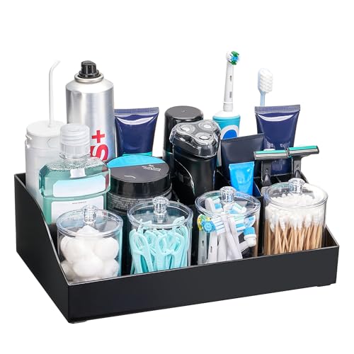 Vtopmart 5 PCS Bathroom Countertop Organizer Sets, Black | 1 Divided Tray with 4 Qtip Holder Jars, For Toothbrush, Cotton Pads Balls, Floss, For Bathroom Countertop - color: Black
