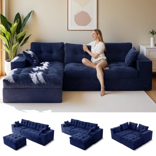 MAXYOYO Boneless Couch, 96-Inch L-Shaped Cloud Couch with Ottoman | Navy Layered Cushioning and Flexible Modules Create an Upholstered Sofa in a Box with No Assembly for Spacious Living Rooms. - color: Navy, size: 96" L Shape