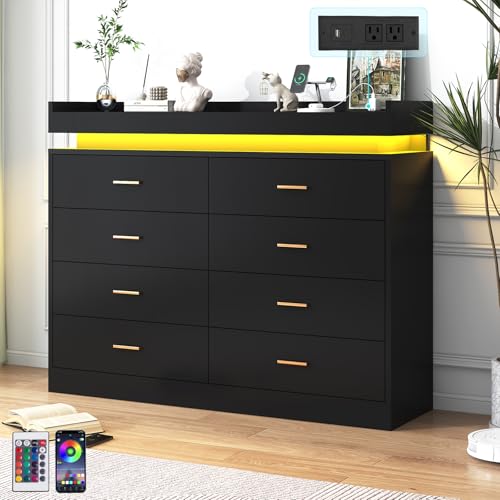 jiteentarou 8 Drawer Dresser with Charging Station and LED Lights, Modern Chest of Drawers with Power Outlet, Organizer Cabinet for Bedroom, Living Room, Black - color: Black, size: 15.4"D x 47.2"W x 43"H (8 Drawers)