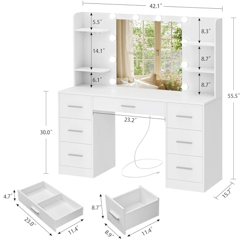 Quimoo Large Vanity Desk with LED Lighted Mirror & Power Outlet,Makeup Vanity Table with 7 Drawers,4 Shelves and 5 Hooks,Vanity Table, Vanity Desk Set for Bedroom,Bathroom,White - color: White 7 Drawers