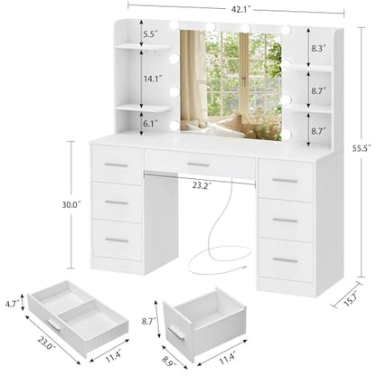 Quimoo Large Vanity Desk with LED Lighted Mirror & Power Outlet,Makeup Vanity Table with 7 Drawers,4 Shelves and 5 Hooks,Vanity Table, Vanity Desk Set for Bedroom,Bathroom,White - color: White 7 Drawers