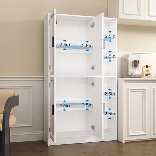holzart 63" Tall Kitchen Pantry Cabinet, Freestanding Dining Room Storage Hutch with 4 Doors and Adjustable Shelves, Modern Utility Cupboard for Coffee Bar and Microwave, White - color: White