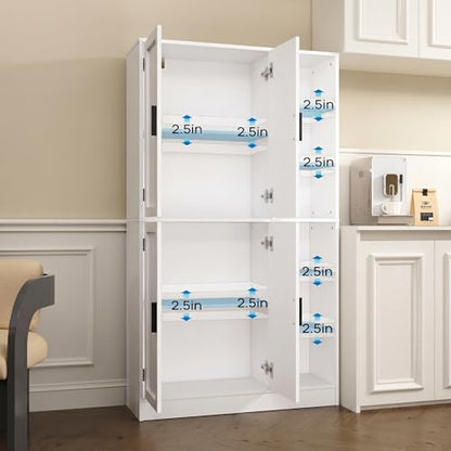 holzart 63" Tall Kitchen Pantry Cabinet, Freestanding Dining Room Storage Hutch with 4 Doors and Adjustable Shelves, Modern Utility Cupboard for Coffee Bar and Microwave, White - color: White
