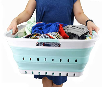 SAMMART 42L (11 gallon) Collapsible Plastic Laundry Basket - Foldable Pop Up Storage Container/Organizer - Portable Basket - Space Saving Hamper/Basket (2, White/Lake Green) - color: White/Lake Green