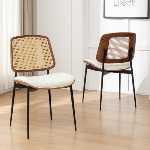 Rattan Dining Room Chairs Set of 2, Mid Century Modern Kitchen Ktichen Chairs,Faux Leather Walnut Wood Finish Side Chair, Metal Legs Desk Chair with Rattan Backrest,White - color: White, size: Set of 2