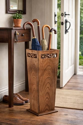 Antique Wooden Umbrella Stand & Walking Cane Holder for Home, Office & Entryway | Hand-Carved Solid Wood Umbrella & Cane Storage Rack | Size 21.5 x 8 x 8 in, Base 7.5 x 7.5 inches (Solid)