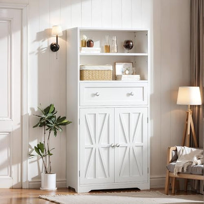 VECELO Bathroom Floor Storage Cabinet with Drawer, Freestanding Storage Unit with Adjustable Shelves, Open Compartments, for Bathroom, Living Room, Kitchen, White