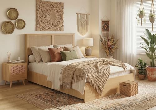 Garvee Full Rattan Bed 4 Drawers Bohemian Headboard for Bedroom | Bohemian full rattan bed with natural headboard, 4 drawers, LED lights,No box spring needed for bedroom use. - size: Full(4 Drawers)
