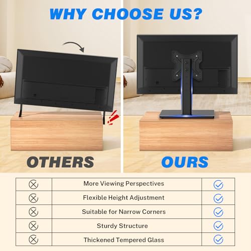 Rfiver Universal Swivel Tabletop TV Stand for Flat Screens 23-43 Inch | Heavy Duty Center Pedestal Stand Replacement with Black Tempered Glass Base & Height Adjustable Mount for 24 32 43 Inch - size: 19-43 inch