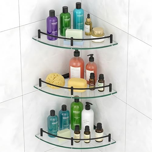 Glass Corner Shelf for Bathroom Corner Shelf, 3 Pack Tempered Glass Shelf with Electroplating Black Metal Rails，Suitable for Bathroom - color: Electroplating Black