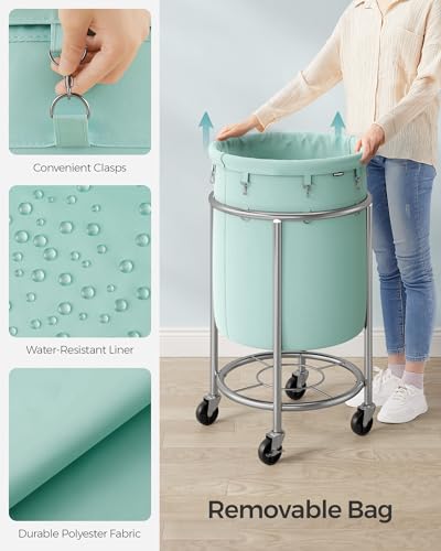SONGMICS 29-Gallon (110 L) Laundry Basket with Wheels, Rolling Round Heavy-Duty Laundry Hamper Cart with Steel Frame and Removable Bag, 2 Locking Wheels, Mint Green and Metallic Silver URLS002C01 - color: Mint Green + Metallic Silver, size: 110 L (1-Secti