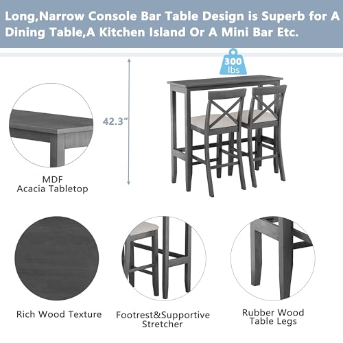 3 Piece Counter Height Dining Table Bar Table Set with 2 Chairs, Small Kitchen Table Breakfast Nook for 2, Good for Bar or Small Space, Gray - color: Grey
