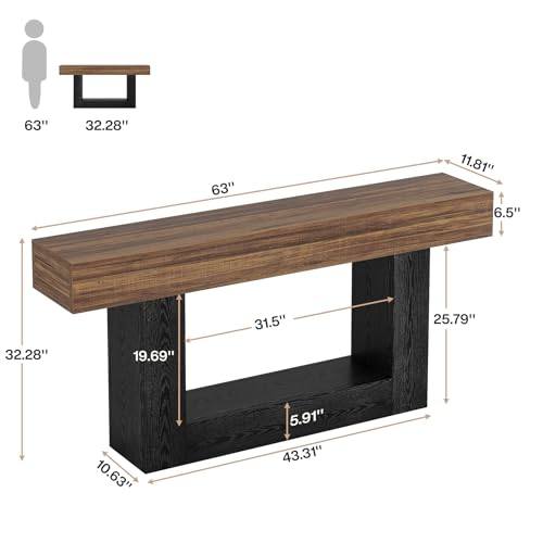 Tribesigns 63" Console Table, Farmhouse 2-Tier Entryway Table with U-Shaped Base, Narrow Long Wood Behind Couch Table for Living Room, Hallway, Foyer, Dark Brown & Black - color: Dark Brown & Black
