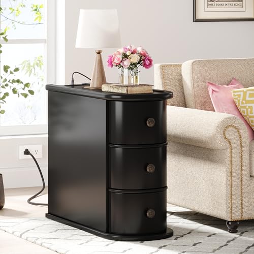 Solid Wood End Table with Charging Station, No Assembly Required Narrow Sofa Side Table for Living Room, Vintage Slim Nightstand Bedside Table (3 Drawers, Black, 1Pc) - color: Black, size: 1Pc, style: 3 Drawers