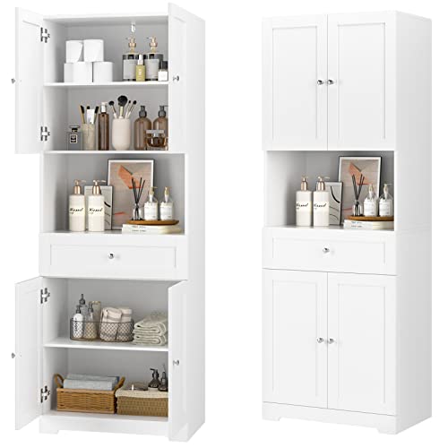 Tall Bathroom Storage Cabinet with Drawer, Modern Linen Cabinet,White | 67"H Tall Storage Cabinet with Doors & Shelves, Freestanding Kitchen Pantry for Bathroom, Dining Room, Laundry, Narrow Corner - color: White