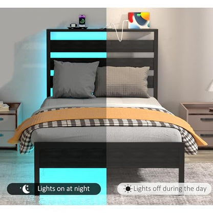 J.Fkne Twin Bed Frame with Headboard, Platform Bed with LED & Charging Station, Heavy Duty Metal Slats, No Box Spring Needed, Noise Free, Easy Assembly, Black - size: Twin, style: Contemporary