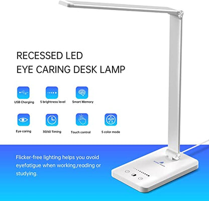 Ambertronix LED Desk Lamp with USB Charging Port, Dimmable Eye-Caring Reading Desk Light for Home, with 5 Brightness Level & 3 Lighting Modes, Touch Control, Auto Timer (White) - style: Modern