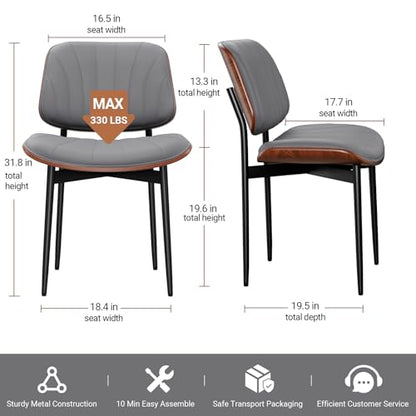 Dining Chairs Set of 2, Mid-Century Modern Upholstered PU Leather Chairs | with Walnut Back and Metal Legs Adjustable Feet for Kitchen Dining Room, Dark Gray Shell Strips - color: Dark Gray Shell Strips