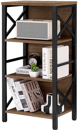 MNEETRUNG Small Bookshelf,4 Tier Industrial Bookcase with Metal Frame and Backboard,Narrow Rustic Brown Book Shelf,Book case for Small Spaces,Living Room,Bedroom and Home Office - color: Brown, size: 4-Tier (15.7"W x 11"D x 39.5"H)