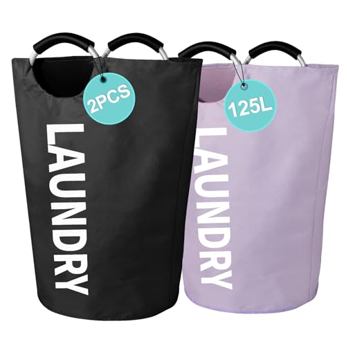 WOOHA 2 Pack 125L XX-Large Laundry Basket, Heavy Duty Laundry Hamper with Padded Aluminum Handles, 600D Oxford Fabric Storage Bag for Comforters, Pillows, Dorm & Bedroom, Black+Purple - color: Black+Purple, size: 125L-XXXL