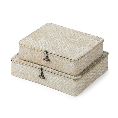 YANGQIHOME Set of 2 Seagrass Baskets with Lids, Rectangular Woven Storage Baskets, Natural Wicker Basket Boxes for Coffee Table, Shelf, Bathroom Counter & Closet Decor (Whitewashed, Set of 2) - color: Whitewashed, size: Set of 2