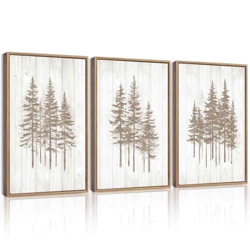 KUVIOKE Foggy Misty Pine Tree Framed Wall Art Watercolor Nature Abstract Forests Wall Decor Rustic Minimalist Painting for Bedroom Dining Room 16x24in (Natural Framed) - color: Watercolor Trees, size: 16 x 24in x 3 Panels Natural