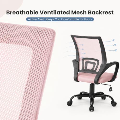 DUMOS Ergonomic Home Office Chair, Executive Mesh Desk Chair | Height Adjustable, Lumbar Support, Breathable Backrest, Fixed Armrest, Rolling Wheels, Computer Gaming, Meeting, New Pink - color: New Pink
