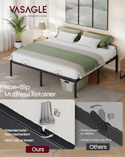 VASAGLE King Metal Bed Frame 18 Inches Tall, 1100 lb Weight Capacity, No Box Spring Needed, with Under-Bed Storage, Easy Setup, Heavy-Duty Platform Bed, Mattress Retainers, Matte Black URMB674BD02S - size: King, style: 18 Inch