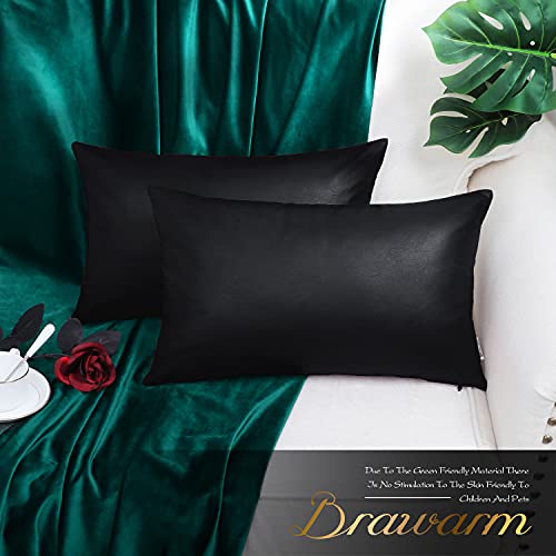 BRAWARM Faux Leather Throw Pillow Covers 12 X 20 Inches - Black Leather Lumbar Pilow Covers Pack of 2, Solid Dyed Leather Pillowcases for Couch Bed Sofa Garden Home Decorative - color: Black, size: 20" x 12" (Pack of 2)