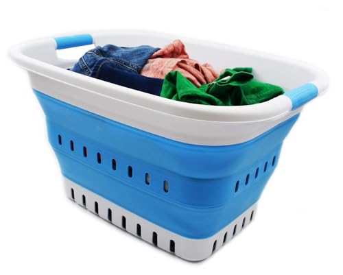 SAMMART 37L (9.77 gallon) Collapsible Plastic Laundry Basket - Foldable Pop Up Storage Container/Organizer - Space Saving Hamper/Basket (1, White/Marine Blue) - color: White/Marine Blue
