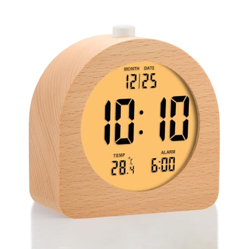 Plumeet Wooden Digital Alarm Clock for Bedrooms, Wood 4'' Battery Powered Alarm Clock with Snooze and Nightlight, Electronic LCD Desk Clock Display Time, Date, Temp, 12/24H, Wood Décor, Round, Brown - color: Brown, size: Semicircle 4.2''