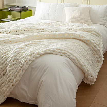 WESHIONGOO Chunky Knit Throw Blanket 51"×63" Cream White | Knitted Throw blankets for Couch Bed Fluffy Soft Blanket With Jumbo Chenille Yarn Thick 100% Handmade - color: Cream White, size: 51"x63"(Large Size Throw)