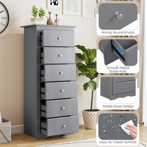 GIANTEX 6-Drawer Dresser for Bedroom, Wooden Chest of Drawers w/Metal Handles & Large Capacity, 16" D x 23" W x 53.5" H Clothes Organizer, Modern Tall Dresser for Bedroom, Entryway, Living Room - color: Grey