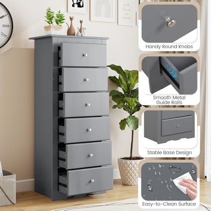 GIANTEX 6-Drawer Dresser for Bedroom, Wooden Chest of Drawers w/Metal Handles & Large Capacity, 16" D x 23" W x 53.5" H Clothes Organizer, Modern Tall Dresser for Bedroom, Entryway, Living Room - color: Grey