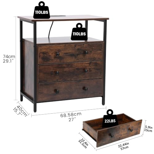 Edbuosy 27" Wide Nightstand with Charging Station & 3 Drawer, Retro Brown | Small Dresser for Closet, 2 AC Outlets & 2 USB Ports, Open Shelf, Adjustable Feet, Wood Nightstand for Living Room or Bedroom - color: Retro Brown, size: 3 Drawer