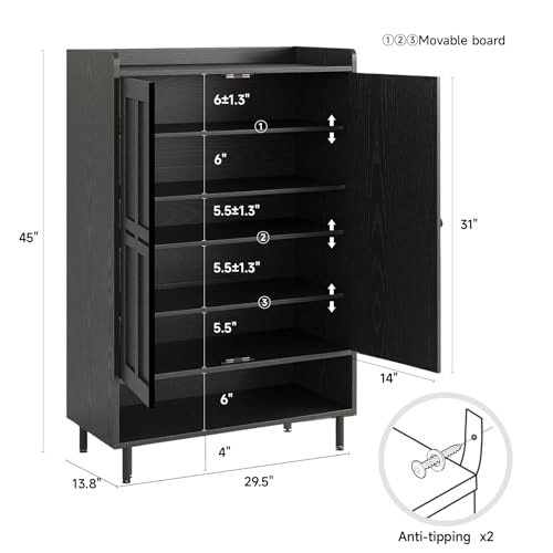 Shoe Cabinet with Cross Molding Doors, 6-Tier Storage, Black | 45'' Tall Shoe Storage Organizer with 3 Adjustable Shelves & Metal Legs, Freestanding Wood Shoe Rack for Entryway, Front Door - color: Black