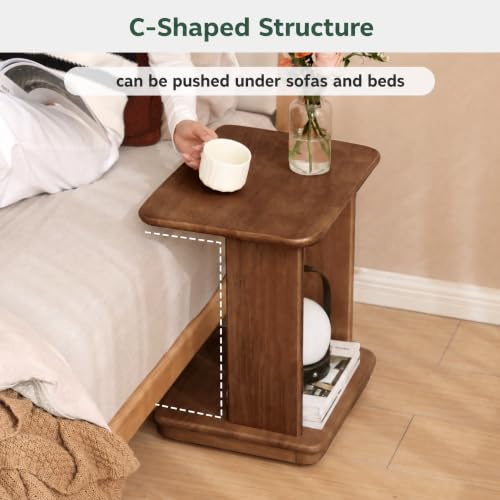 100% Solid Wood C-Shaped End Table for Couch, Rolling Side Table with Wheels, C Table for Small Space, Living Room, Bedroom, Walnut Finish, 19.69" H - color: Walnut-19.69"h